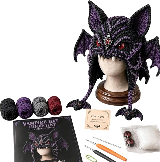 Halloween Hat DIY Crochet Kit, Fantasy Hood Hat DIY Crochet Kit, Bat