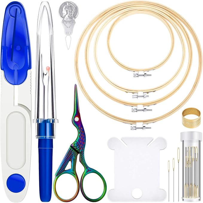 Mudder 53 Pcs Cross Stitch Kit with Embroidery Hoop Bamboo Needles,Blue | Bamboo Hoop Rings Scissors Threading Tool Thimbles Bobbins Seam Ripper for Cross Stitch Embroidery Starter Projects