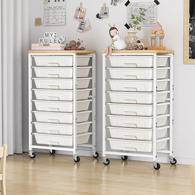 caktraie 8-Drawers Rolling Cart, Craft Storage Utility Cart, Beige White