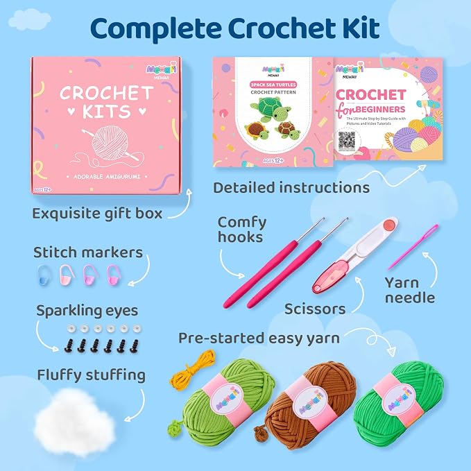 Mewaii Crochet Kit for Beginners, 3 Pack Sea Turtles Craft Set | 40% Extra Yarn, Video Tutorial, Pre-Started Piece, Beginner Friendly, Family Craft Gift for Adults & Kids