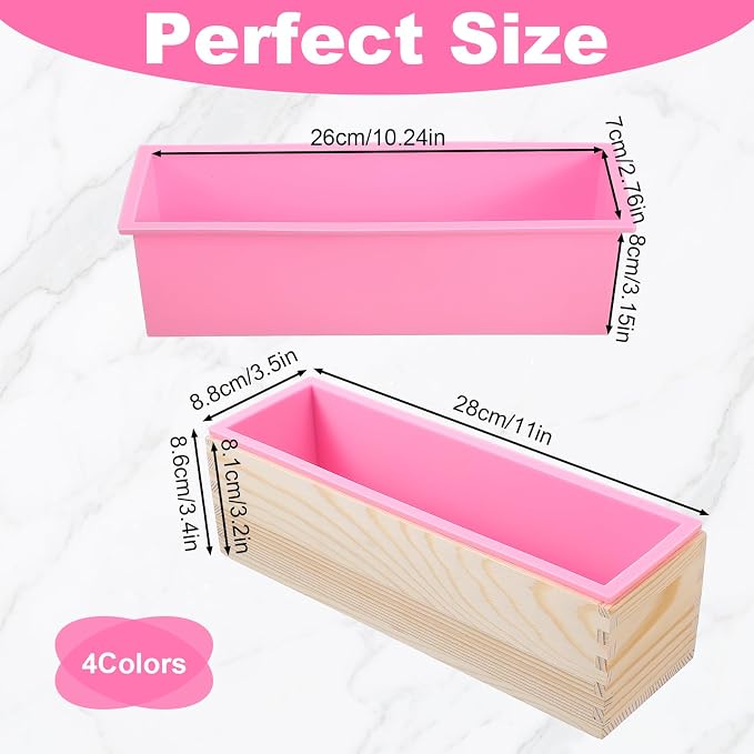 4 Pcs Flexible Rectangular Soap Loaf Mold Silicone Molds with Wood Box 42oz | Soap Making Mollds DIY Tool, for Homemade Soap Making, Purple, Green, Blue, Pink