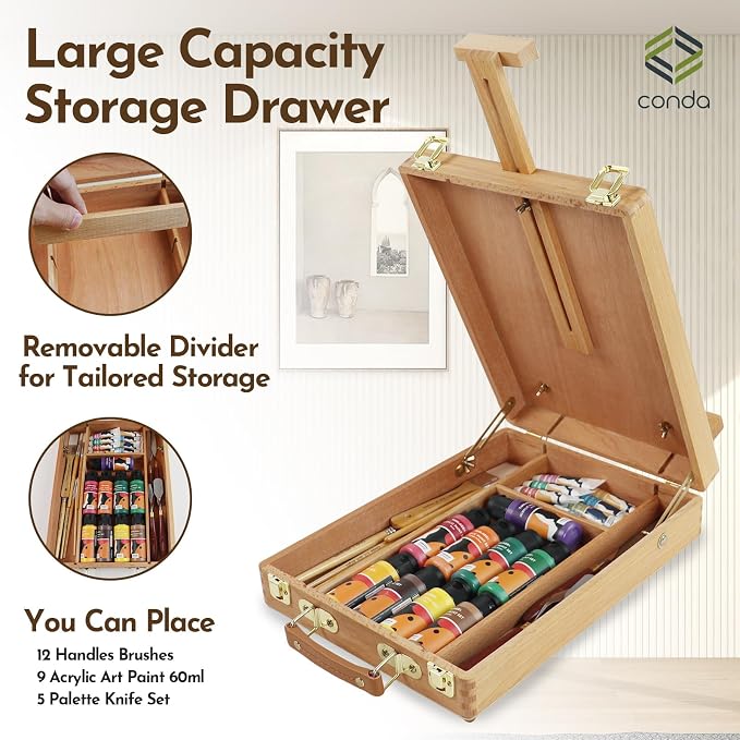 CONDA Premium Wooden Sketch Box Easel - Adjustable Tabletop Art Easel for Painting, Drawing & Sketching, Solid Beech Wood Design with Art Supply Storage, Ideal for Artists, Students & Beginners