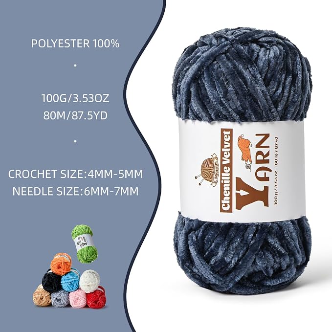 Chenille Crochet Navy Blue Yarn 3 Pack
