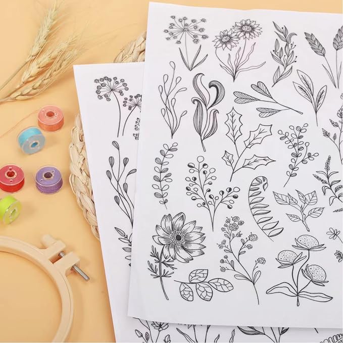 Patemby Embroidery Pattern Water Soluble Embroidery Stabilizers, Stick and Stitch Embroidery Paper Wash Away with Pre-Printed Pattern Designs Stencils Transfers for Hand Sewing Lover Beginner