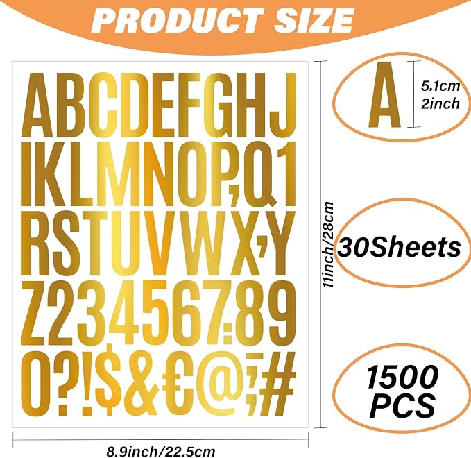 Letter Stickers 30 Sheets 1500 PCS Large Alphabet Sticker 2 Inch Vinyl Self Adhesive Stick on Stickers for Water Bottles Cup Mailbox Number Address Crafts Scrapbooking Bulletin Board Decor (Gold)