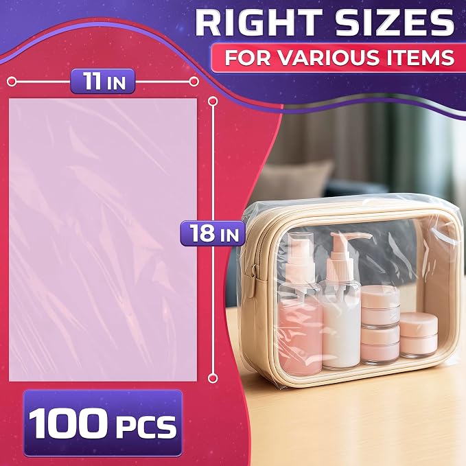 PalaYou 100 Pcs Heat Shrink Wrap Bags for Gifts, 11x18, Clear Cellophane | Large Heat Shrink Bags; Works with Heat Gun or Hair Dryer; Dust and Moisture Cover; for Books, Cosmetics, and Gift Sets