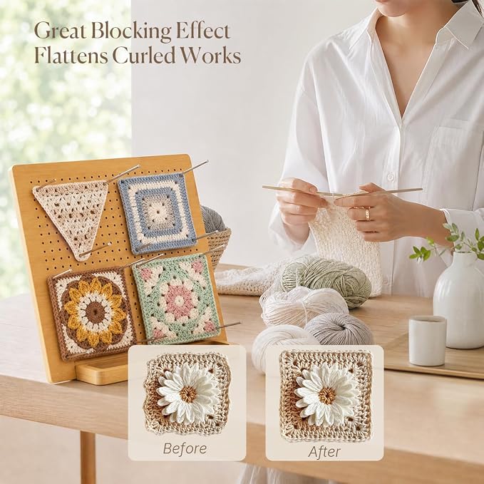 11.8" Double Sided Crochet Blocking Board, Granny Square Blocking Board with 30 Stainless Steel Pegs, Bamboo Blocking Boards for Crochet Projects, Crochet Block Gift for Crocheters