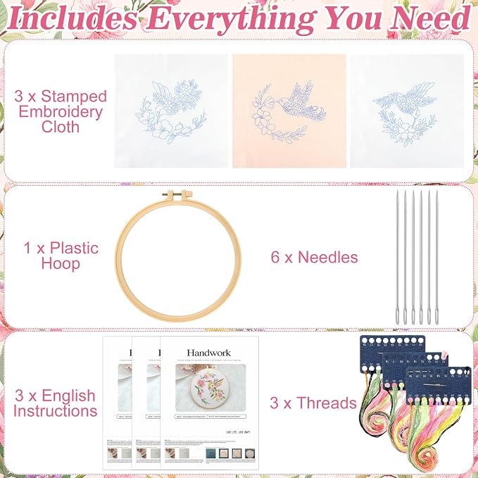 Mindsoft 3 Set Needlepoint Kit for Beginners with Hoop,Flower Hummingbird | Bamboo Hoop Thread Needles Instructions, Easy Hand Embroidery for Beginners Home Crafts,Pre-stamped Funny Cute Designs