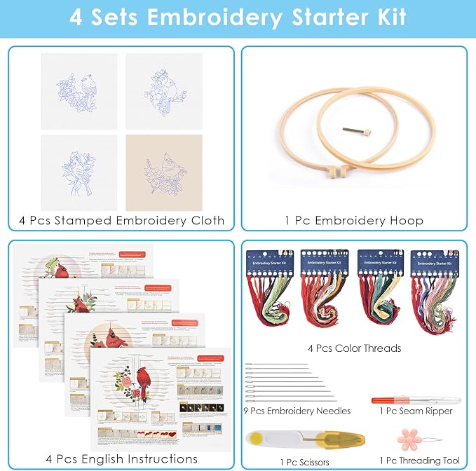ERKOON 4 Sets Embroidery Kit, Animal Cross Stitch Set for Include Embroidery Cloth Hoops Threads for Craft Lover Hand Stitch (Cardinal)