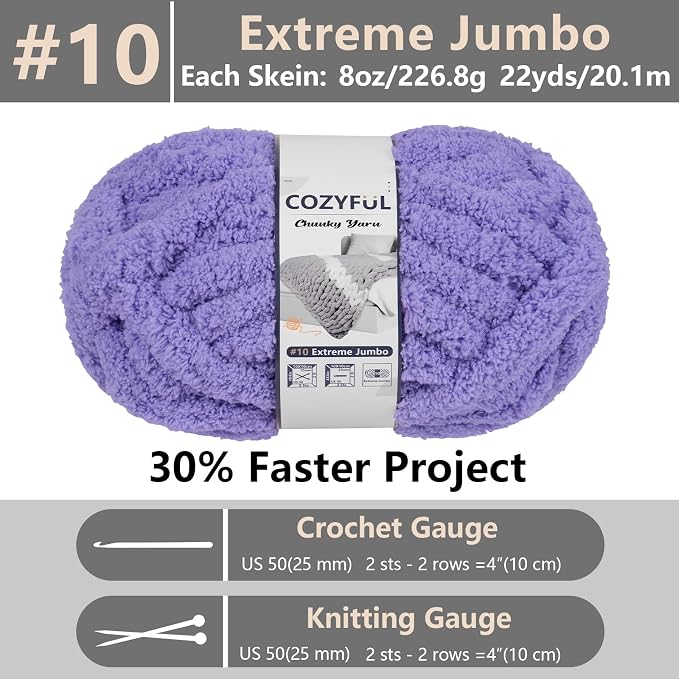 Cozyful Chunky Yarn for Hand Knitting - #10 Chunky Chenille Yarn, Jumbo Big Thick Chunky Yarns for Crocheting, Super Bulky Chunky Knit Blanket Yarns, 8 Skein (22 yds 8 oz Each Skein), Lavender
