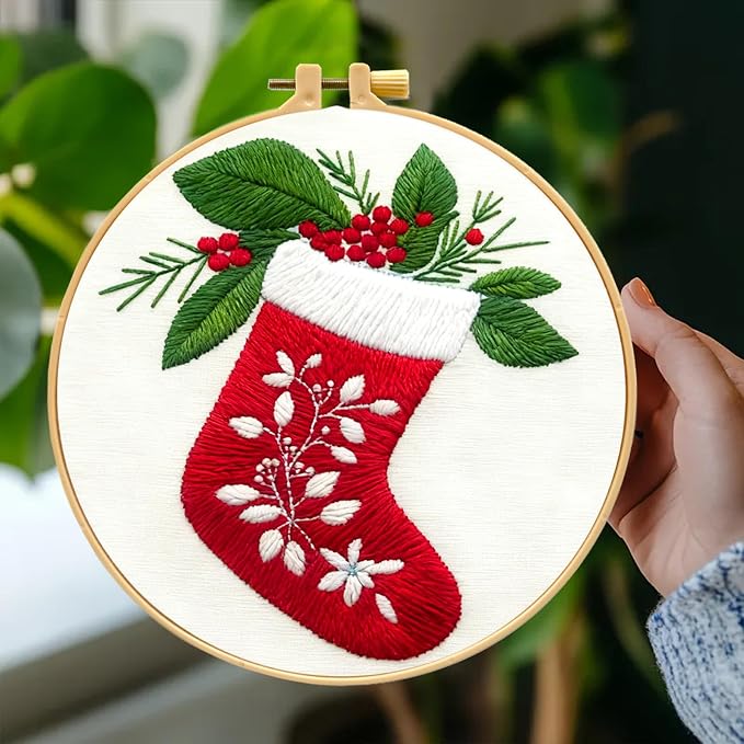 Zhenqing Christmas Stocking Embroidery Kit for Beginners, Red Stocking Needlework Kit with Pre-Printed Fabric, Hoop, Threads & Tools (C0035)