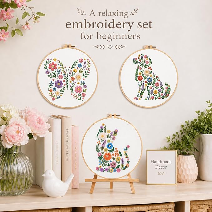 Nuberlic 3 Pack Embroidery Kit for Beginners with Animal Floral Patterm