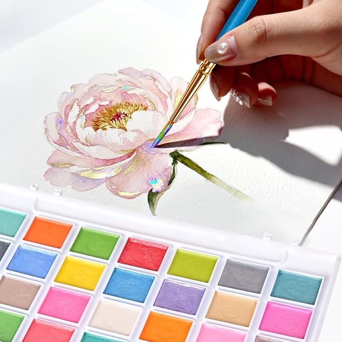 28 Metallic Colors Washable Watercolor Paint Set, with 3 Brushes Pen | watercolor palette, Non-toxic Water Color Paints Sets for Kids, Adults Artists Students Beginner,Travel Watercolor Set