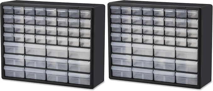 Akro-Mils 44-Drawer Plastic Drawer Storage Cabinet for Garage Organization, Bead Organizer, Building Bricks Storage, Teacher Toolbox, Makeup Organizer, 20" W x 6" D x 16" H, 10144 Black (Pack of 2)