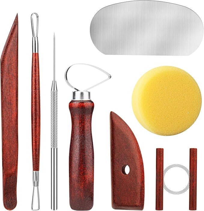 8PCS Stained Wooden Pottery Sculpting Tools, Wood Clay Cleaning Tool Set, Ceramic Modeling Tool for Carving, Molding, Cutting, Trimming, Pottery Wheel, Crafting, Beginners, Adults, Students