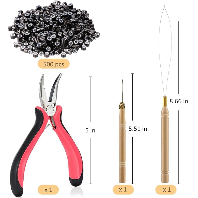 Hair Extension Tools Kit,500 Ring Beads,Pliers,Threader,Crochet Hook