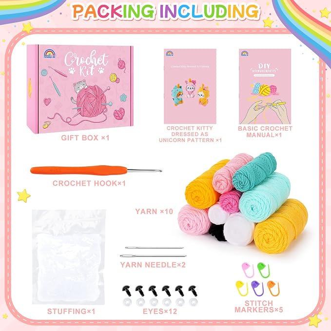 Crochet Kit for Beginners - 3 PCS Unicorn Cat Crochet Kits with Step-by-Step Video Tutorials, Beginner Crochet Kit for Adults, Crochet Animal Kit for Starters, Cat Dressed as Unicorn Set