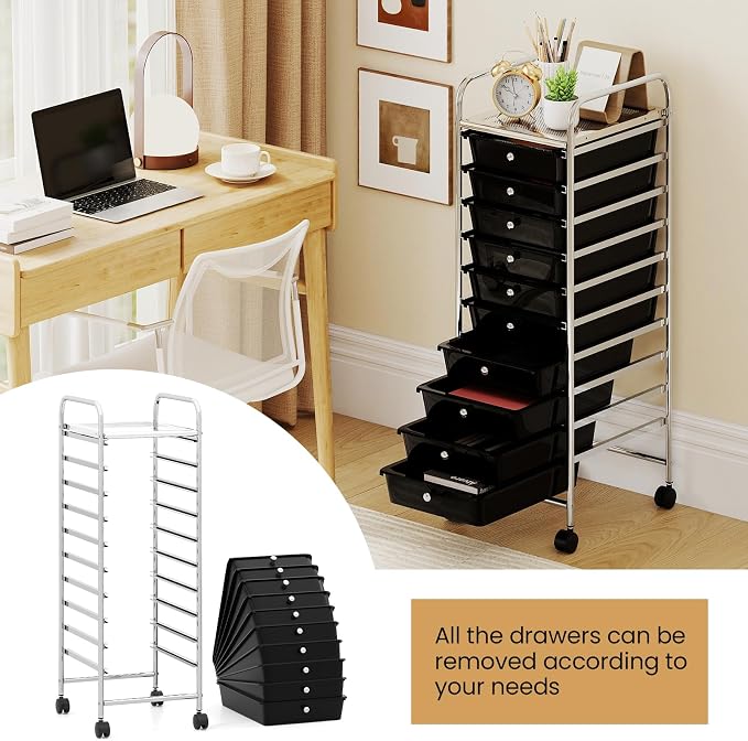 Giantex Rolling Storage Cart with 10 Drawers, Utility Cart with Tabletop, Drawer Organizer with Wheels for Craft Art Paper Tool, Mobile Organization & Sorting for Office Home School School Supplies