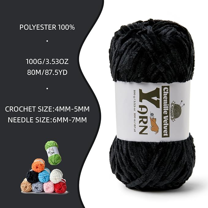 Chenille Crochet Black Yarn 3 Pack