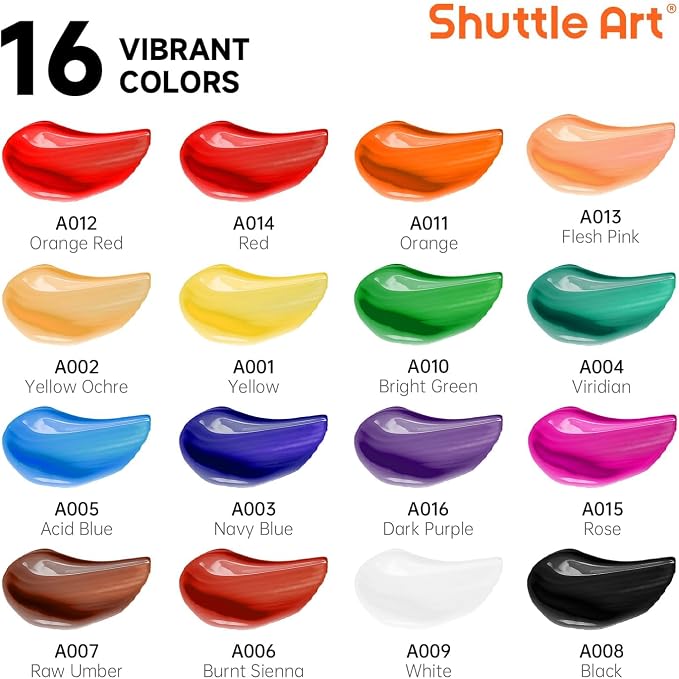 Shuttle Art Acrylic Paint Set, 16 x12ml Tubes Artist Quality Non Toxic Rich Pigments Colors Great for Kids Adults Professional Painting on Canvas Wood Clay Fabric Ceramic Crafts