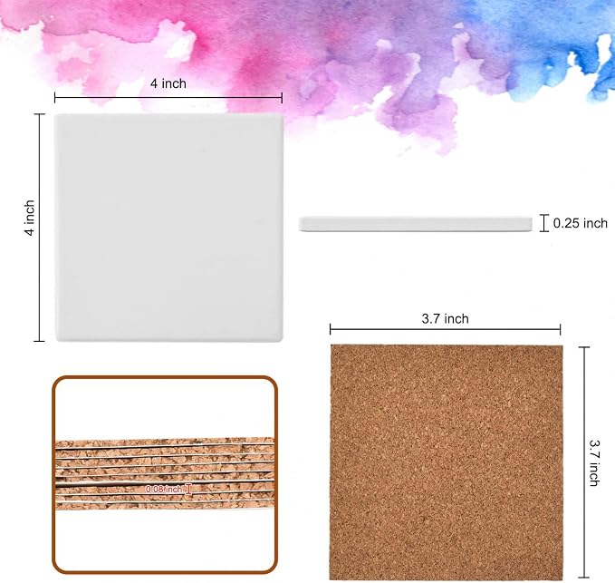 24 Pcs Ceramic Tiles for Crafts Ceramic Coasters for Crafts Blank White Unglazed Ceramic Tile for Painting, Alcohol Ink, Acrylic Pouring - DIY Coaster - Cork Backing Pads Included (4x4 inch)