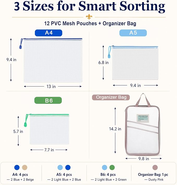 12 Pack PVC Mesh Zipper Pouches with 1 Organizer Bag, 13pcs