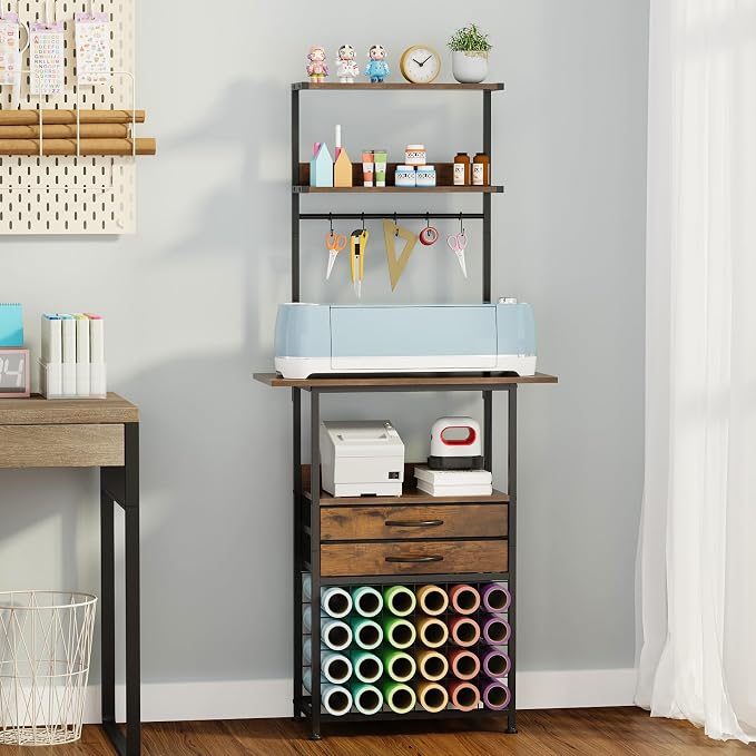 VENNQD Craft Organizers and Storage Cart with Fabric Drawer, Craft Table for Cricut Machines, 4 Tiers Crafting Desk Vinyl Roll Holder, Crafting Table Workstation for Craft Room Home, Rustic Brown