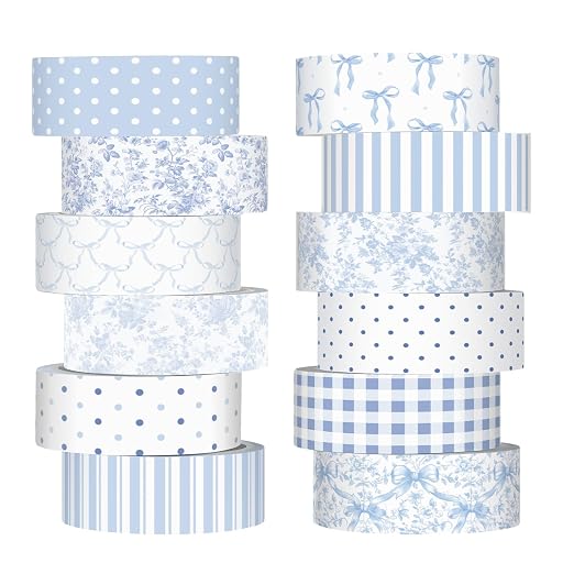 12 Rolls Floral Washi Tape Set,Blue and White,Floral | Watercolor Flowers Design for Scrapbook Journal DIY Craft School Supplies, 15 mm Vintage Decorative Masking Washi Tapes