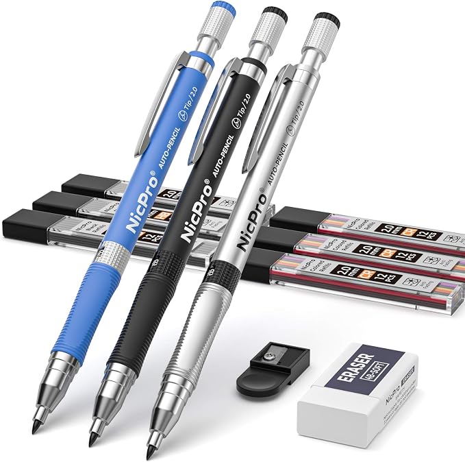 Nicpro 11 Pieces Colors 2mm Mechanical Pencil Set 3 PCS Carpenter Drafting