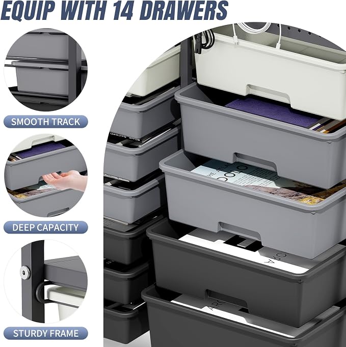 14 Drawer Rolling Storage Cart with Tabletop and Pegboard for Crafts Grey | Easy Setup, Large Capacity, Sturdy Build, Smooth Mobility, For classroom, office and dorm supplies