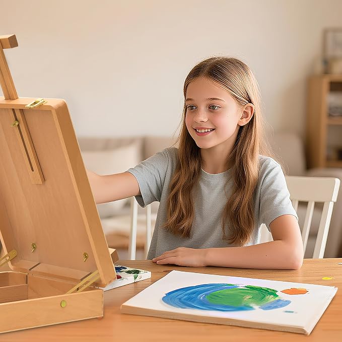 Tabletop Art Easel for Painting, Wooden Sketchbox, Portable Desktop Easel | Portable Art Easel for Beginners Professionals, Adjustable Height, Storage Compartments, Gift for Student Artist Beginner