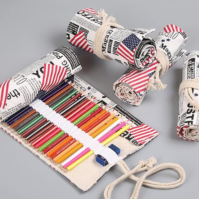 DIYOMR 24/36/72 Slots Pencil Wrap - Roll Up Bag with Short Brushes Pouch Case for Drawing, Coloring and Sketching - NO PENCILS (Flag, 36 Slots)