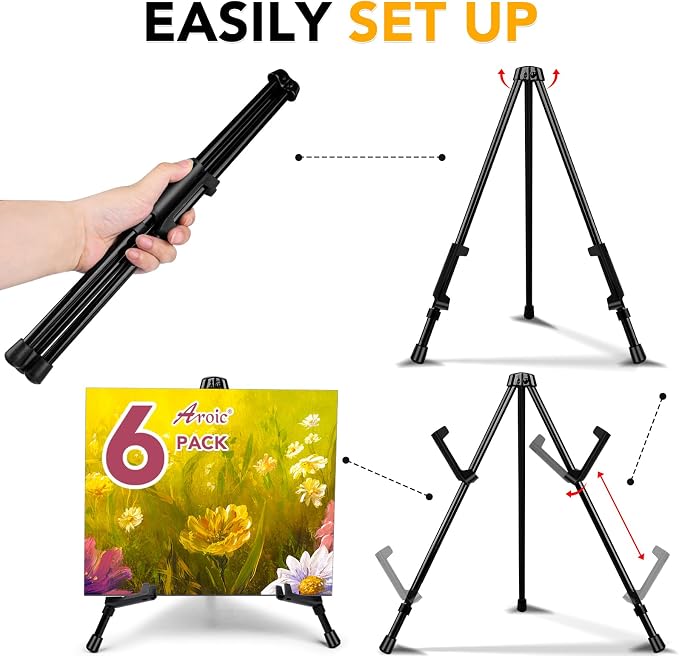 AROIC 6 Pack 14'' Tabletop Easels, Black Steel Table Top Easels for Display | Adjustable Portable Table Top Easel for Paintings, Signs, Posters,Frame Pictures(with 6 Bags)