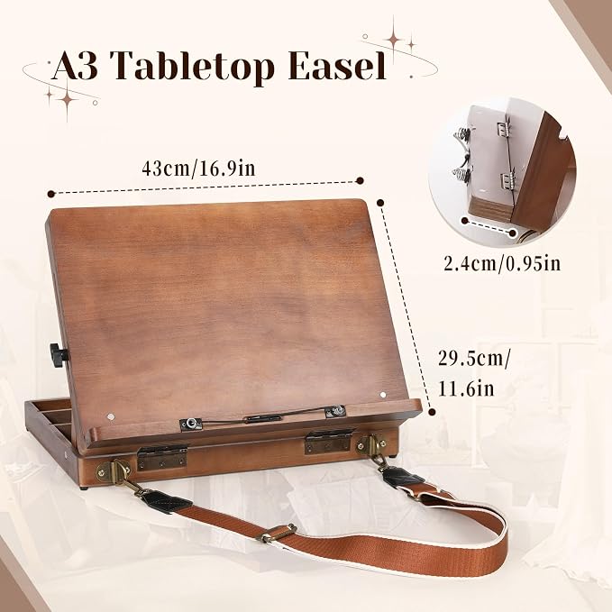 TYYIHUA Tabletop Easel for Painting, Adjustable Wooden Desktop Art Easel | A3, Page Clips & Carry Strap, Travel Drawing Board for Sketching, Diamond Painting, Ideal for Adults, Students & Beginners