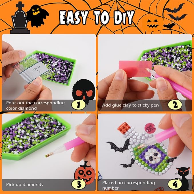 Labeol Diamond Art Kits for Kids Boys and Girls Ages 6-8-10-12 Easy to DIY Creative Diamond Art Sticker Craft by Numbers Kits for Kids and Adult Beginners (Halloween)