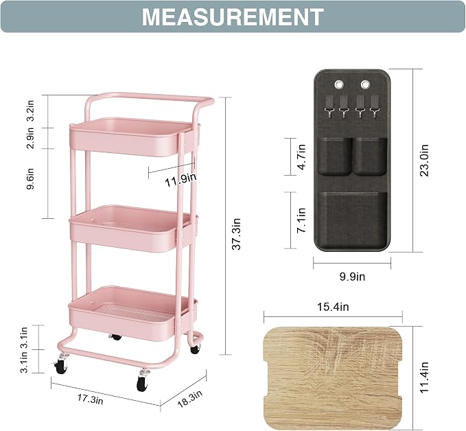 DTK 3-Tier Rolling Cart with Table Top, Metal Utility Cart with Side Bags