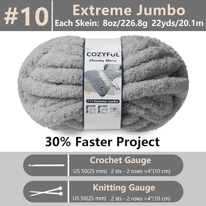 Cozyful Chunky Yarn for Hand Knitting - #10 Chunky Chenille Yarn, Jumbo Big Thick Chunky Yarns for Crocheting, Super Bulky Chunky Knit Blanket Yarns, 8 Skein (22 yds 8 oz Each Skein), Light Grey
