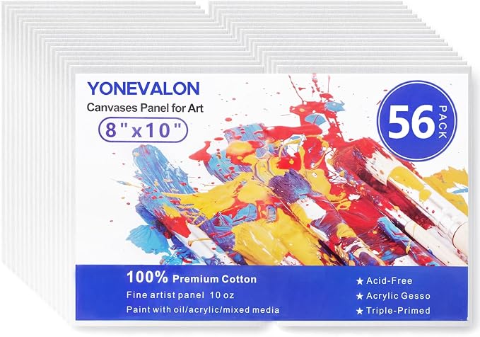 Canvas Boards for Painting Bulk 56 Pack, 8x10 Inch Blank Painting Canvases | 8x10 Canvas Panels Value Pack, Gesso Primed Acid-Free 100% Cotton, for Acrylic Oil Watercolor Tempera Paint Art Supplies