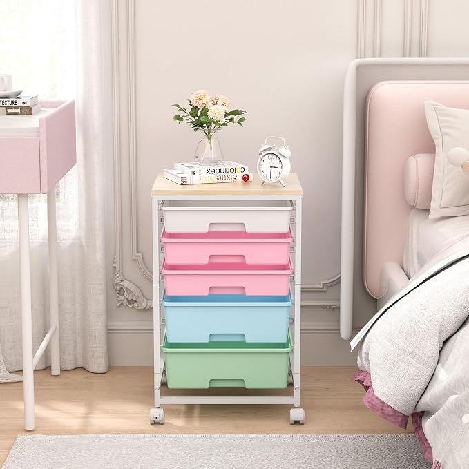 SYKIARIOL Utility Cart with 5 Drawers with Wooden Top, Rainbow | 5-Tiers Storage Cart with Drawers with Lockable Wheels for Craft Organizers and Storage,Home Office,Classroom,Dorm ,Playroom