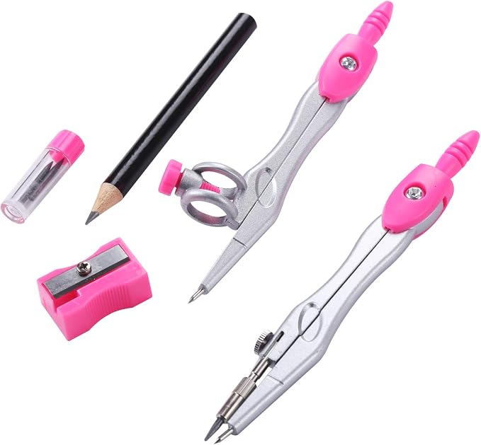 Unjoo Math Geometry Set 10 Pcs, Compass and Protractor for Students (Pink) | Shatterproof Storage Box,Rulers,Protractor,Compass,Eraser,Pencil Sharpener,Lead Refills,Pencil,for Classroom, Back to School