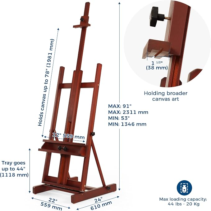 VISWIN Large H-Frame Easel for Painting 53"-91" H, Adjustable Solid Beech Wood Heavy Duty Easel Stand with Storage Tray, Hold Canvas up to 78", Art Easel for Adults, Artists - Walnut