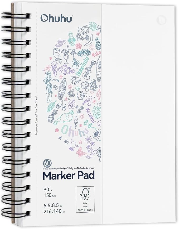 Ohuhu 5.5"x8.5" Double-Sided Bleedproof Marker Pad Art Sketchbook 60 Sheets | Small Sketch Book - 90 LB/150 GSM Smooth Drawing Paper - 60 Sheets/120 Pages - Spiral-Bound Sketch Pad for Alcohol Markers