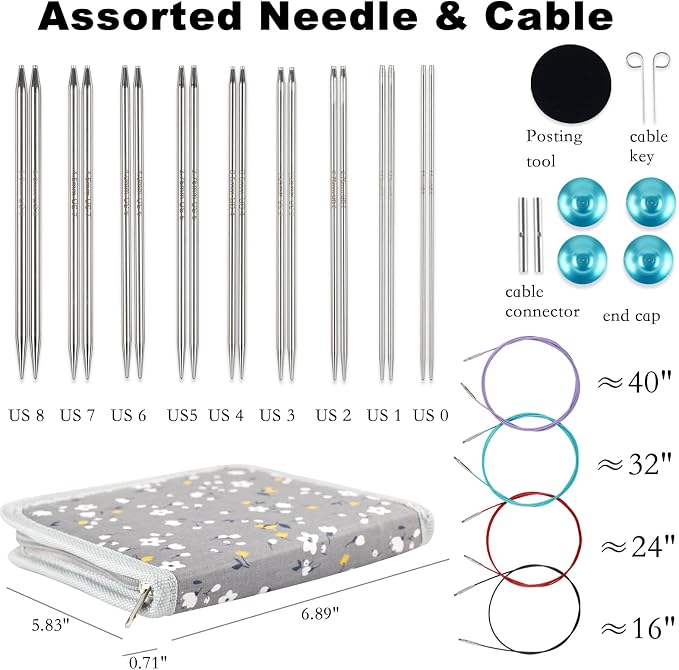 Svartur Lace Interchangeable Circular Knitting Needles, 5" Stainless Steel Interchangeable Knitting Needles Magic Loop for Socks, Gloves, US 0-8 Small Knitting Neeldes Lace-Tip with 4 Assorted Cables