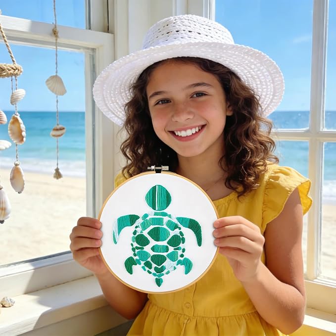 Sea Turtle Embroidery Kits for Beginners Adults, Hand DIY Embroidery Starter Kit, Stamped Cross Stitch Kits for Beginners Adult Craft Kits for Women, Entire Set of Embroidery Supplies & Video Tutorial