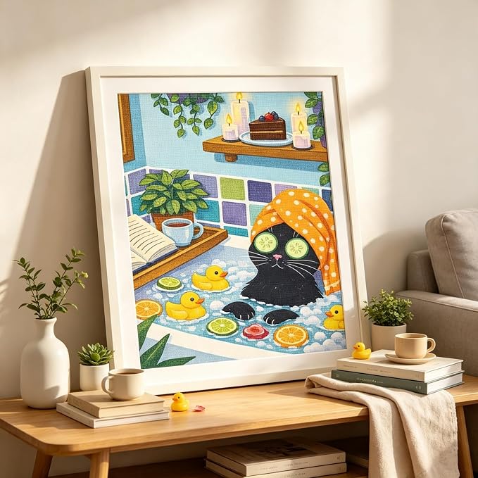 Animal Diamond Painting Kits for Adults,Funny Cat Spa Diamond Art Kits | DIY Full Round Drill Gem Painting Cute Black Cat Paint by Diamonds Relaxing Craft for Cartoon Home Wall Decor 12x16In