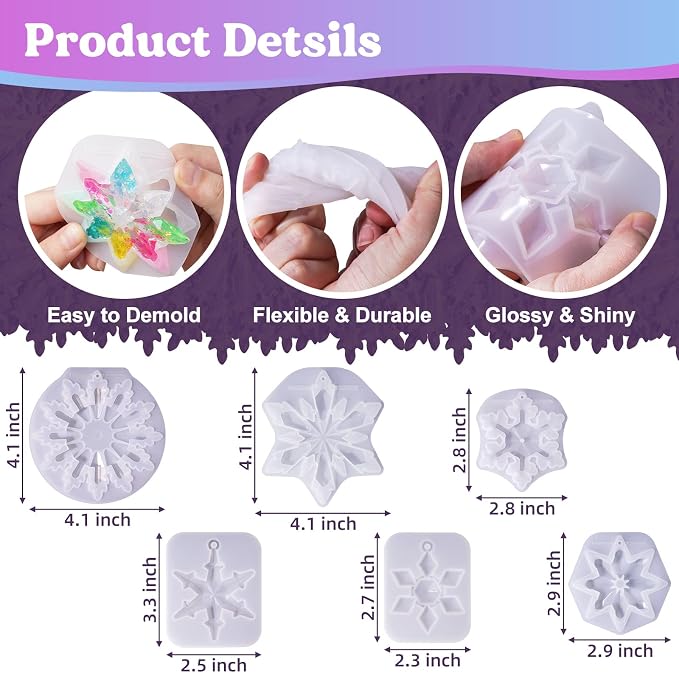 LET'S RESIN Christmas Resin Molds, 6 Varying Sizes Snowflake Silicone Molds | Epoxy Resin Molds, 3D Ice Crystal Resin Ornament Molds, Silicone Molds for Epoxy Resin, Tree & Car Decoration