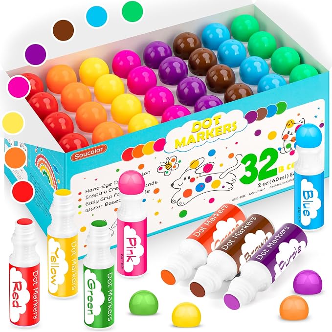 Soucolor 32-Pack Washable Dot Markers for Kids & Toddlers 8 Vibrant Colors