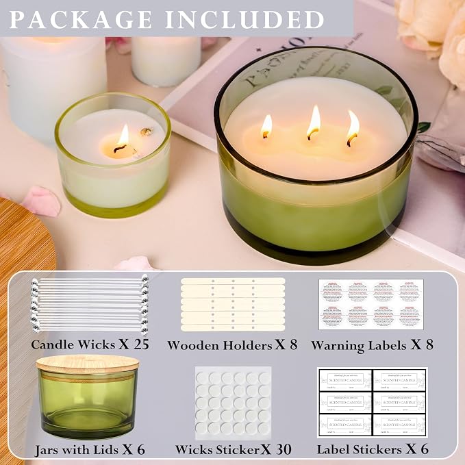 CONNOO 6 Pack 24oz Olive Green Glass Candle Jars with Airtight Bamboo Lids