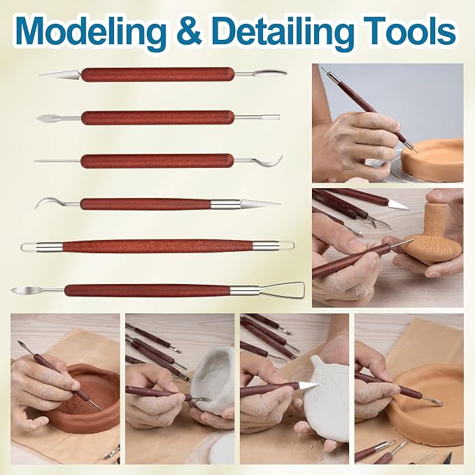 Amrules 6 Pcs Double-Ended Clay Carving Tools Set for Adults, Red | Double-Ended Stainless Steel Tips, Smooth Wood Handles, 12 Shapes for Shaping, Smoothing & Detailing, Ideal for All Levels
