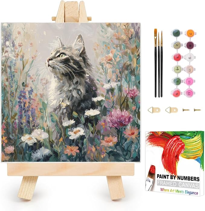 AUKELHJ Framed Paint by Numbers Kit for Adults, Cat, 10x10 inch